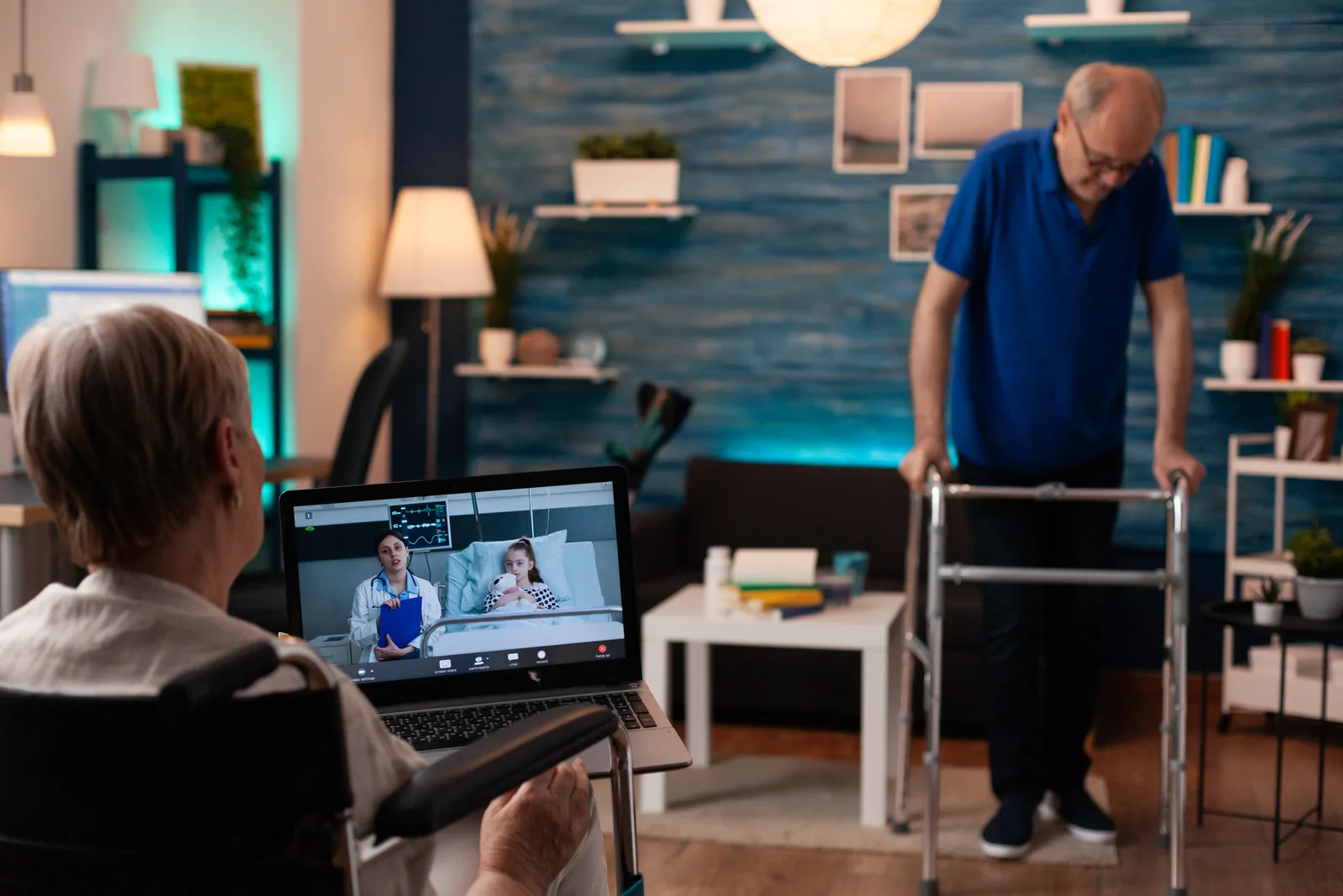 A Cerebron therapist guiding a senior patient through a guided home exercise