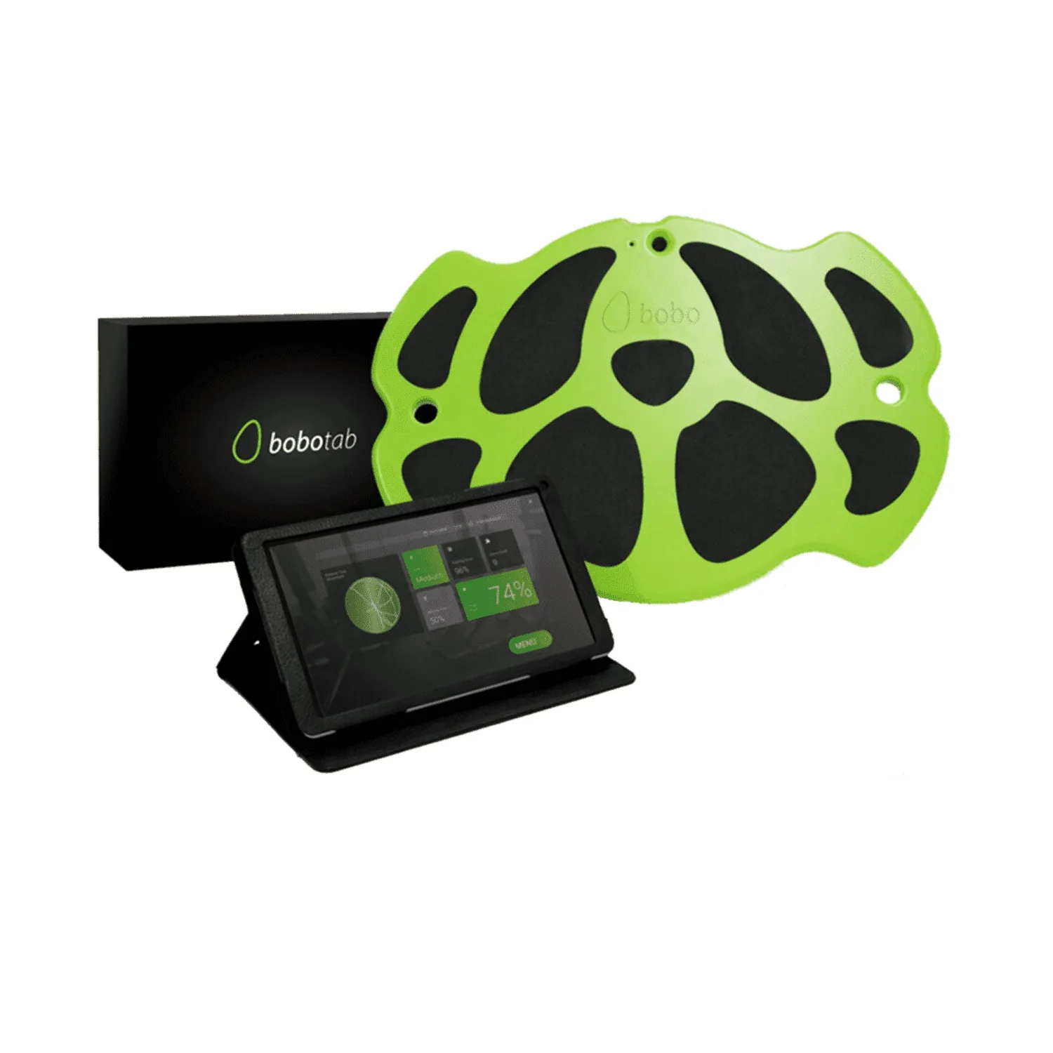 Bobo balance board paired with a tablet showing live session metrics